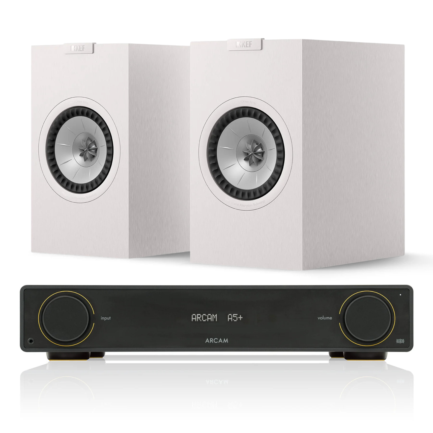 Arcam A5+ Amplifier + KEF Q1 Meta Stereo System with white speakers