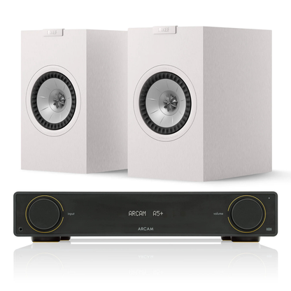 Arcam A5+ Amplifier + KEF Q1 Meta Stereo System with white speakers