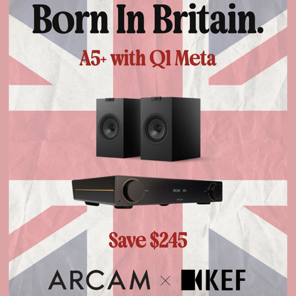 Arcam Born in Britain promo with speakers and amp