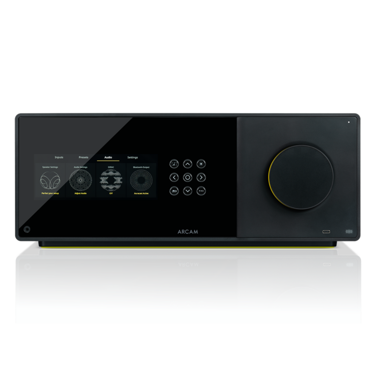 Front view of Arcam AVP45 AV Processor on white background showing screen lit  up