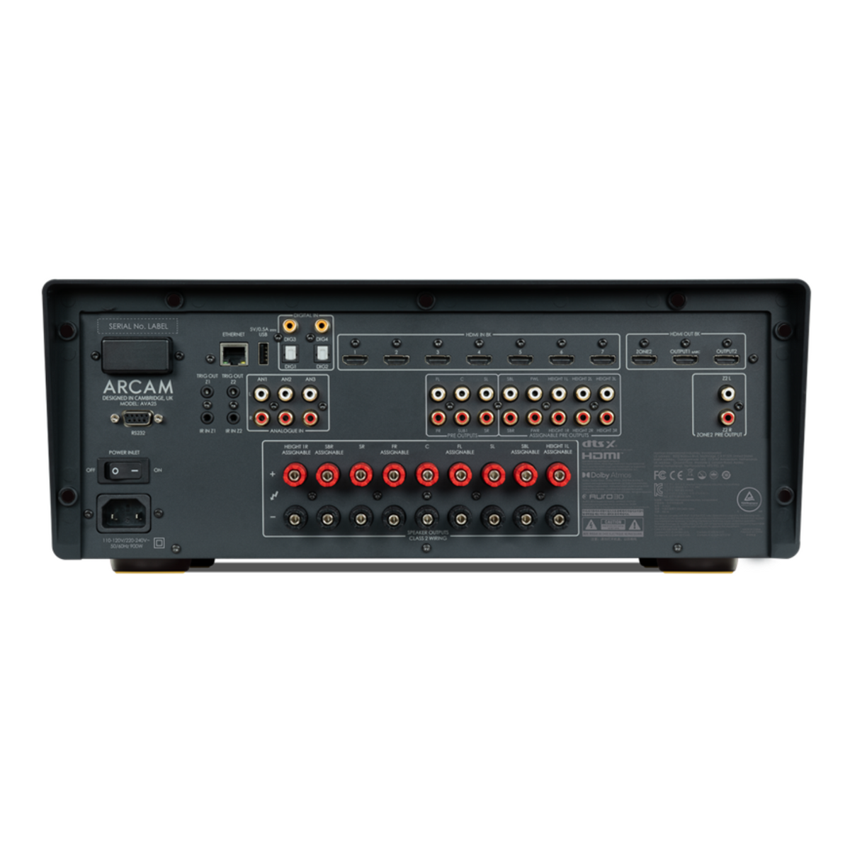 Rear view of Arcam AVA25 AV Amplifier on white background