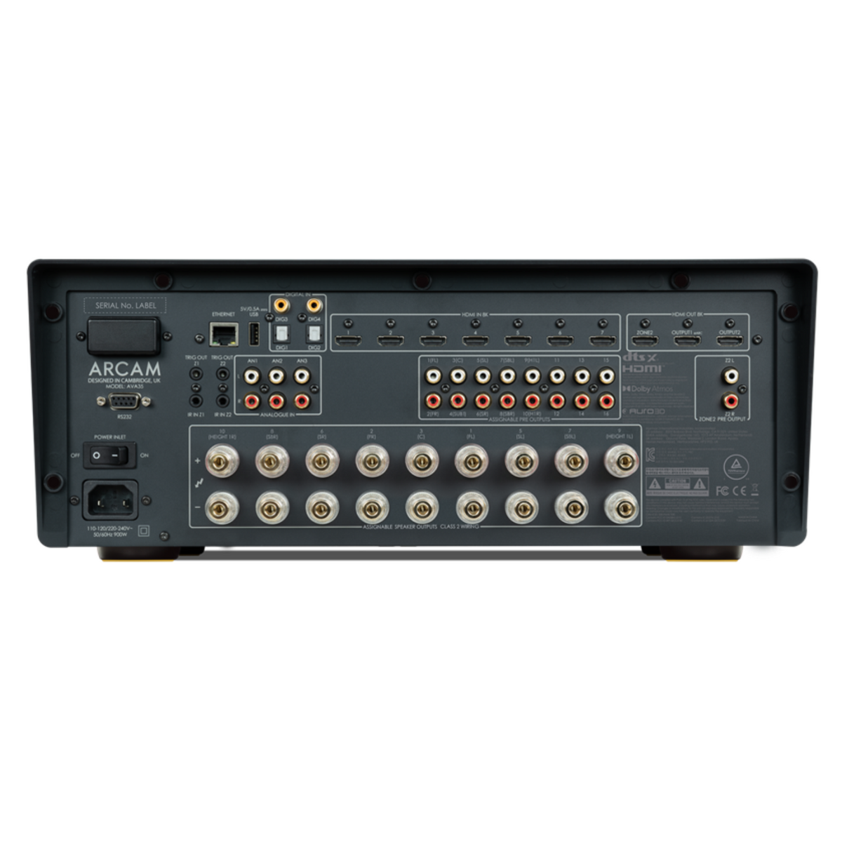 Rear panel of the Arcam AVA35 AV Amplifier on a white background