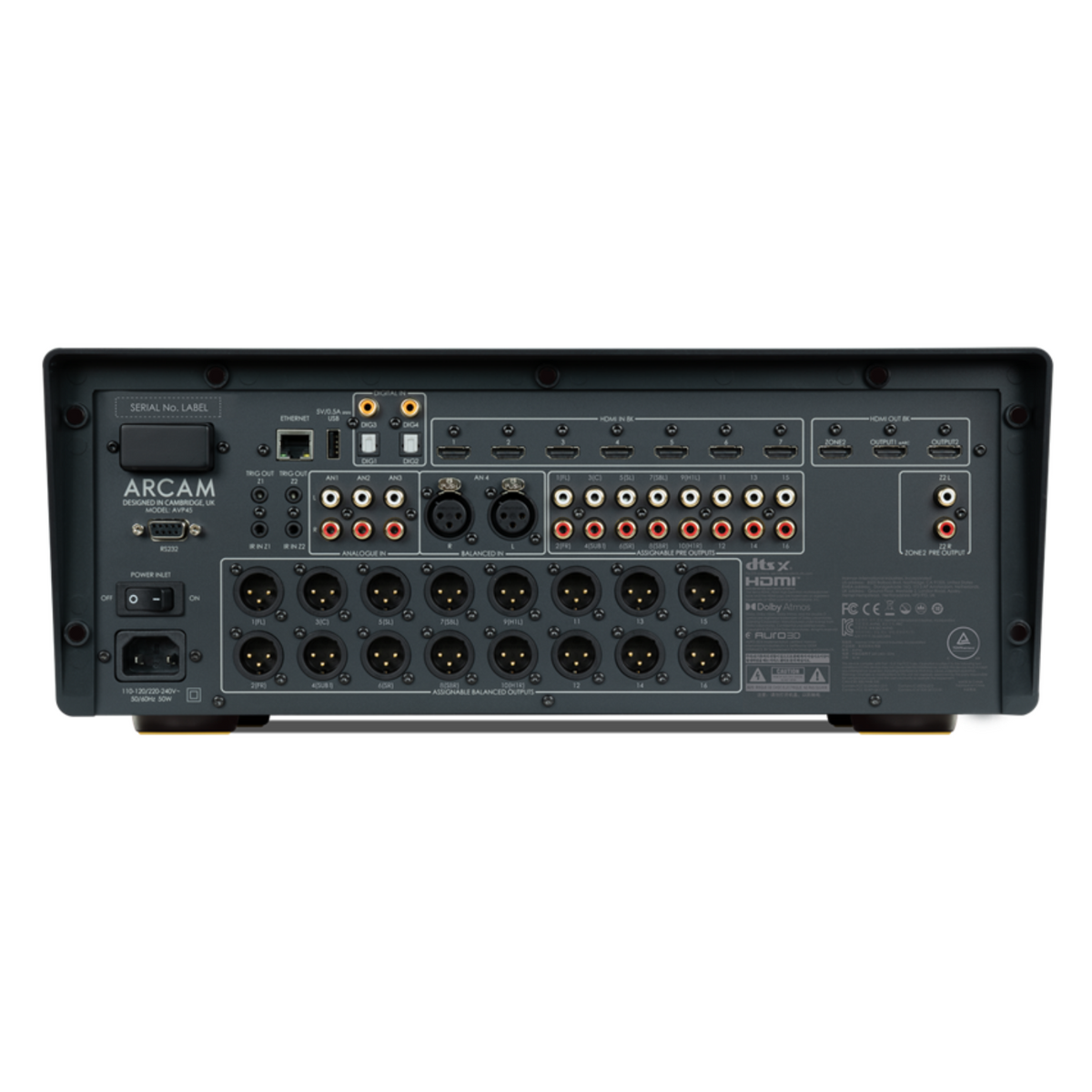 Rear panel of the Arcam AVP45 AV Processor on a white background