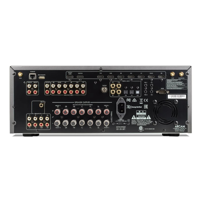 Back view of Arcam AVR11 8K Home Theatre Receiver on white background