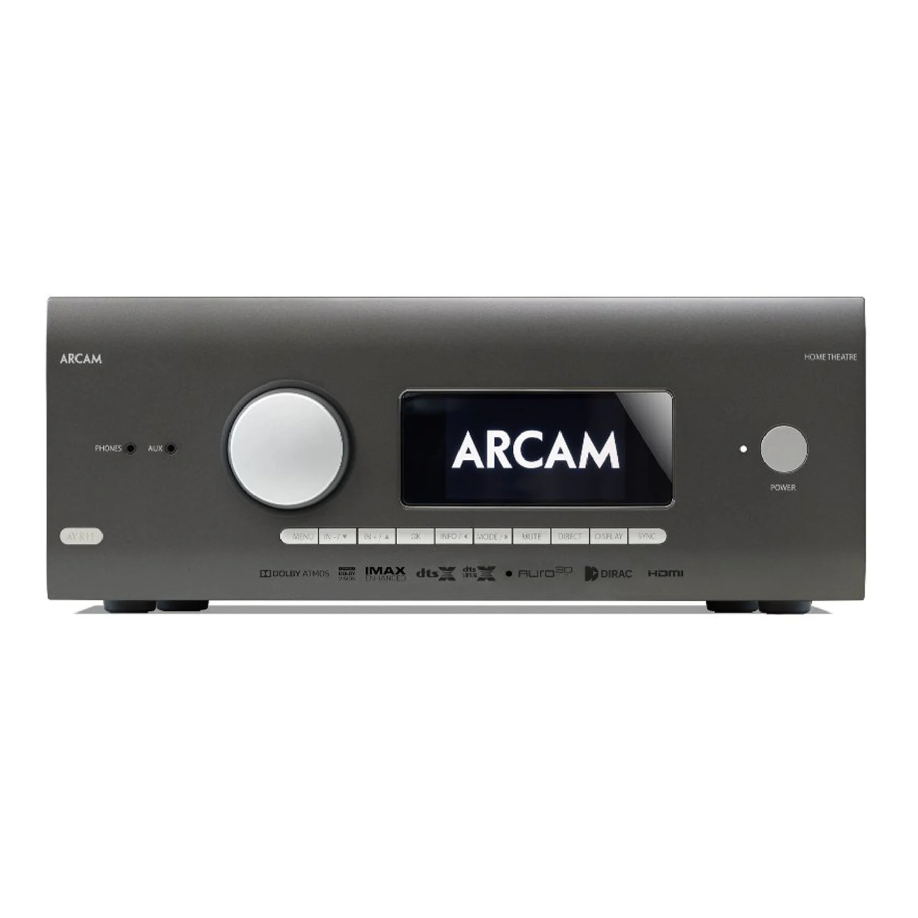 Front view of Arcam AVR11 8K Home Theatre Receiver on white background
