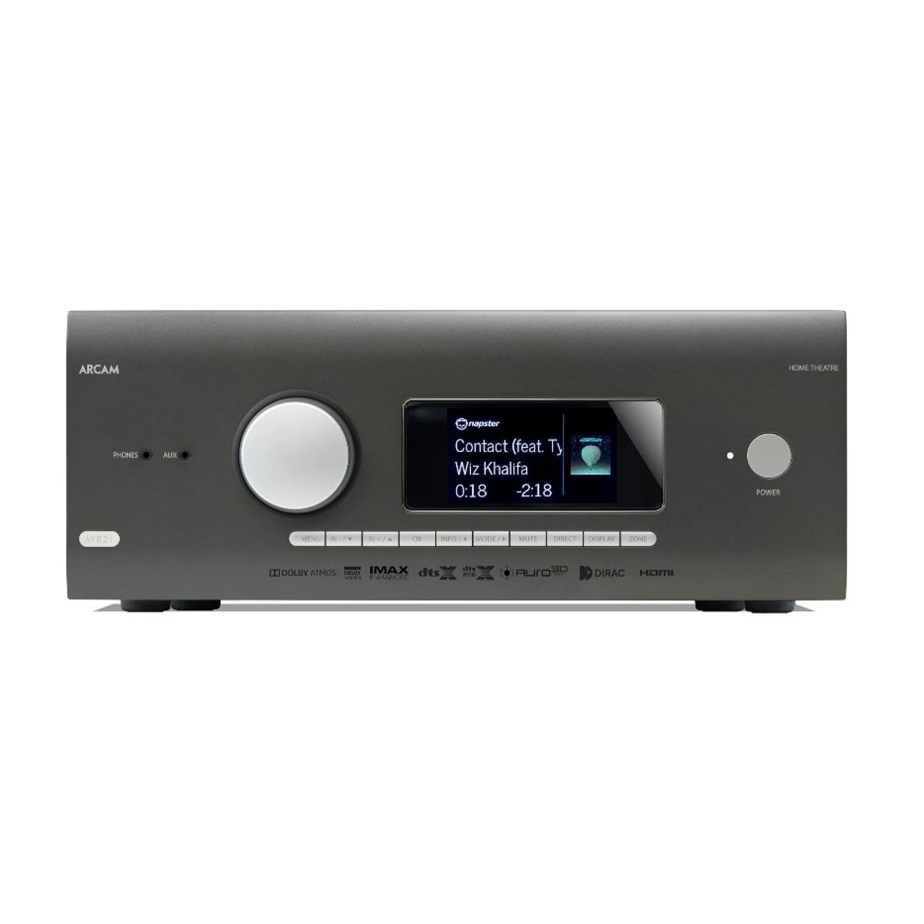 Front view of Arcam AVR21 8K Home Theatre Receiver with display panel