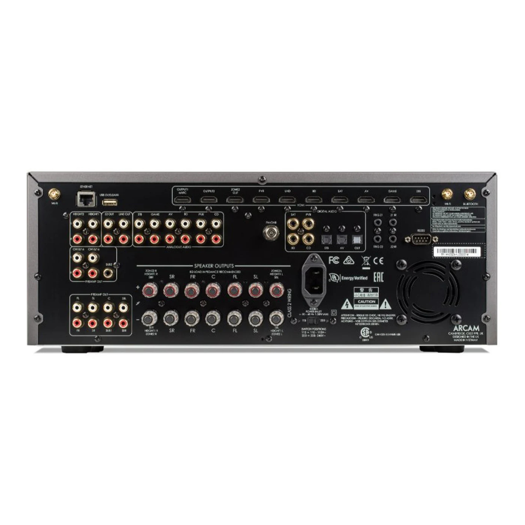 Back panel of an Arcam AVR21 8K Home Theatre Receiver with various connectors on a white background