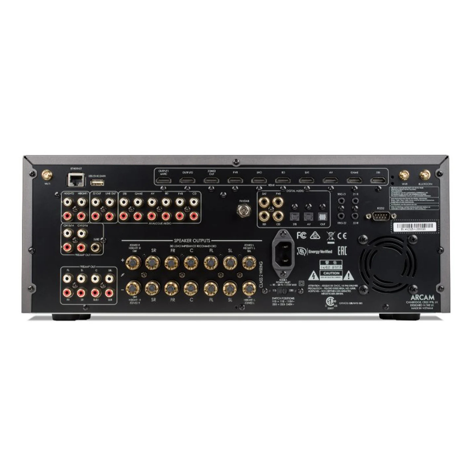Back panel of an Arcam AVR31 8K Home Theatre Receiver with various connectors on a white background