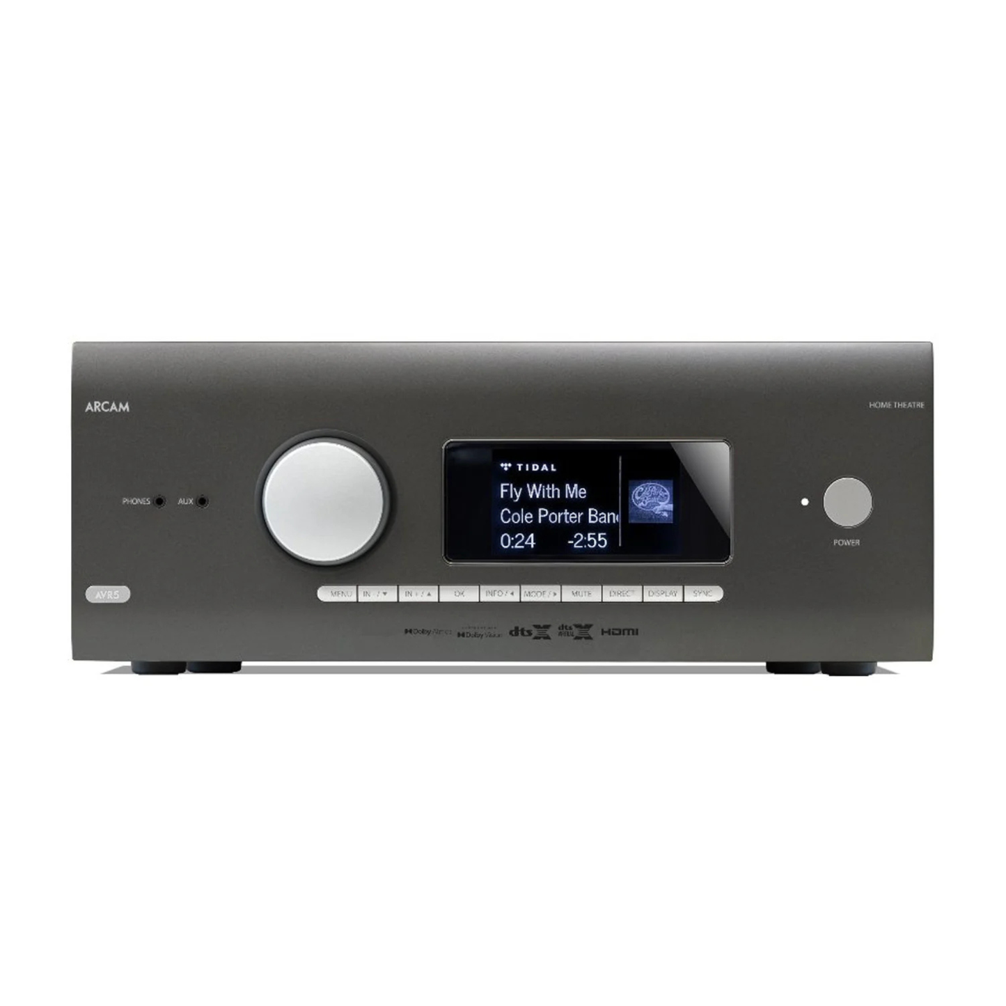 Arcam AVR5 4K Home Theatre Receiver with display on white background
