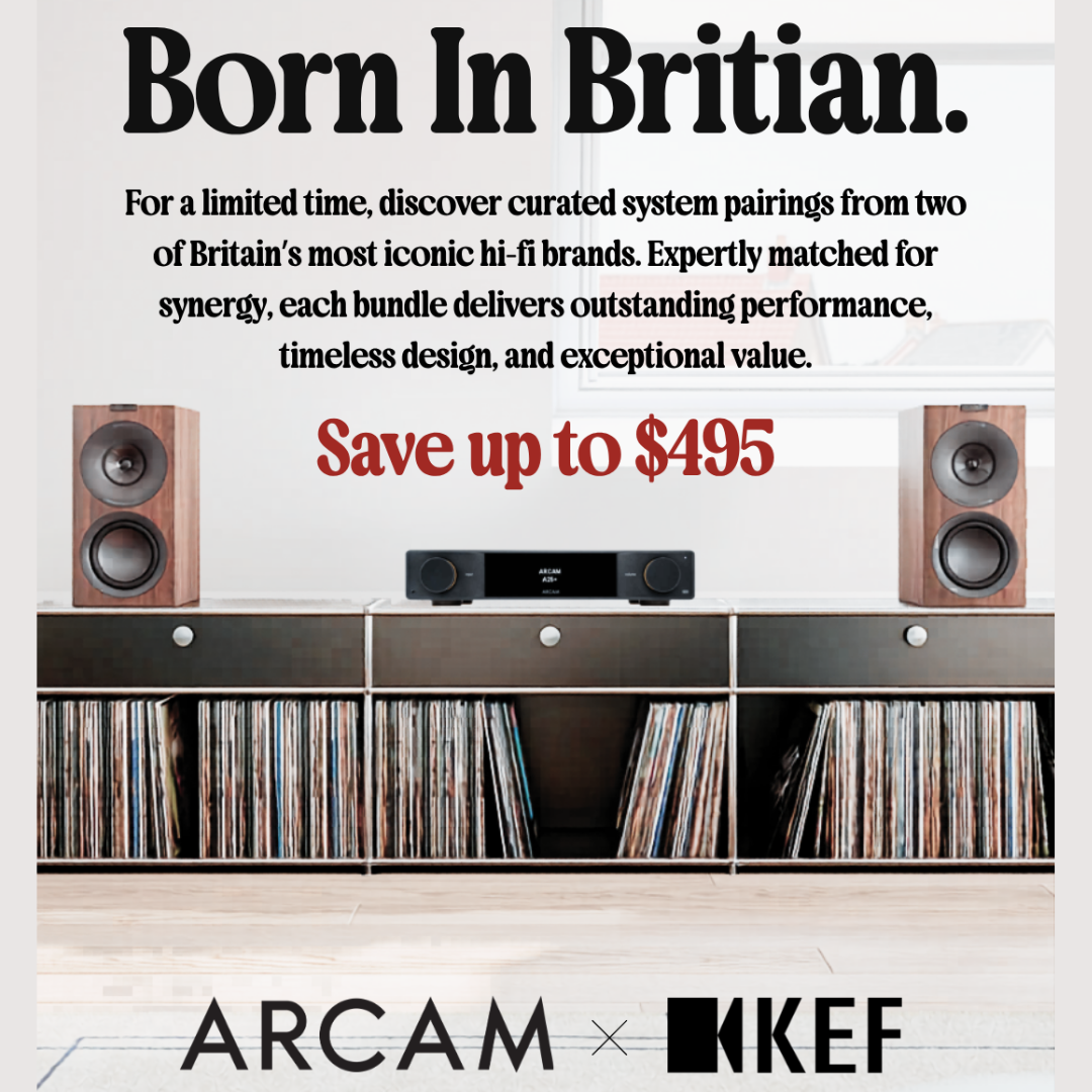 Advertisement for Arcam and KEF audio equipment with text about limited-time offer.
