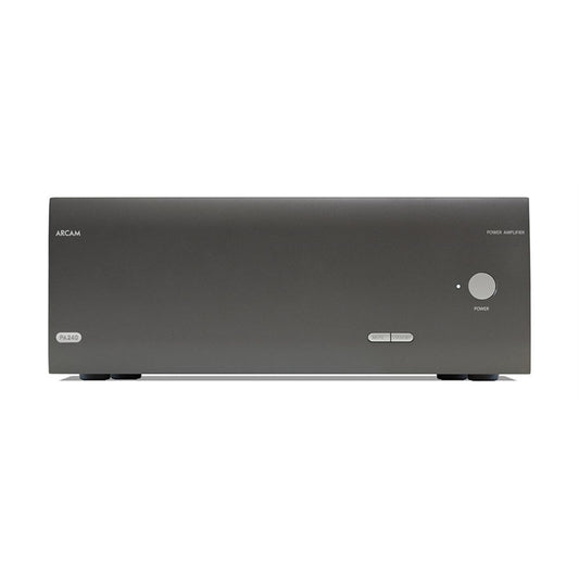 Front view of the Arcam PA240 2 Channel Power Amplifier on a white background