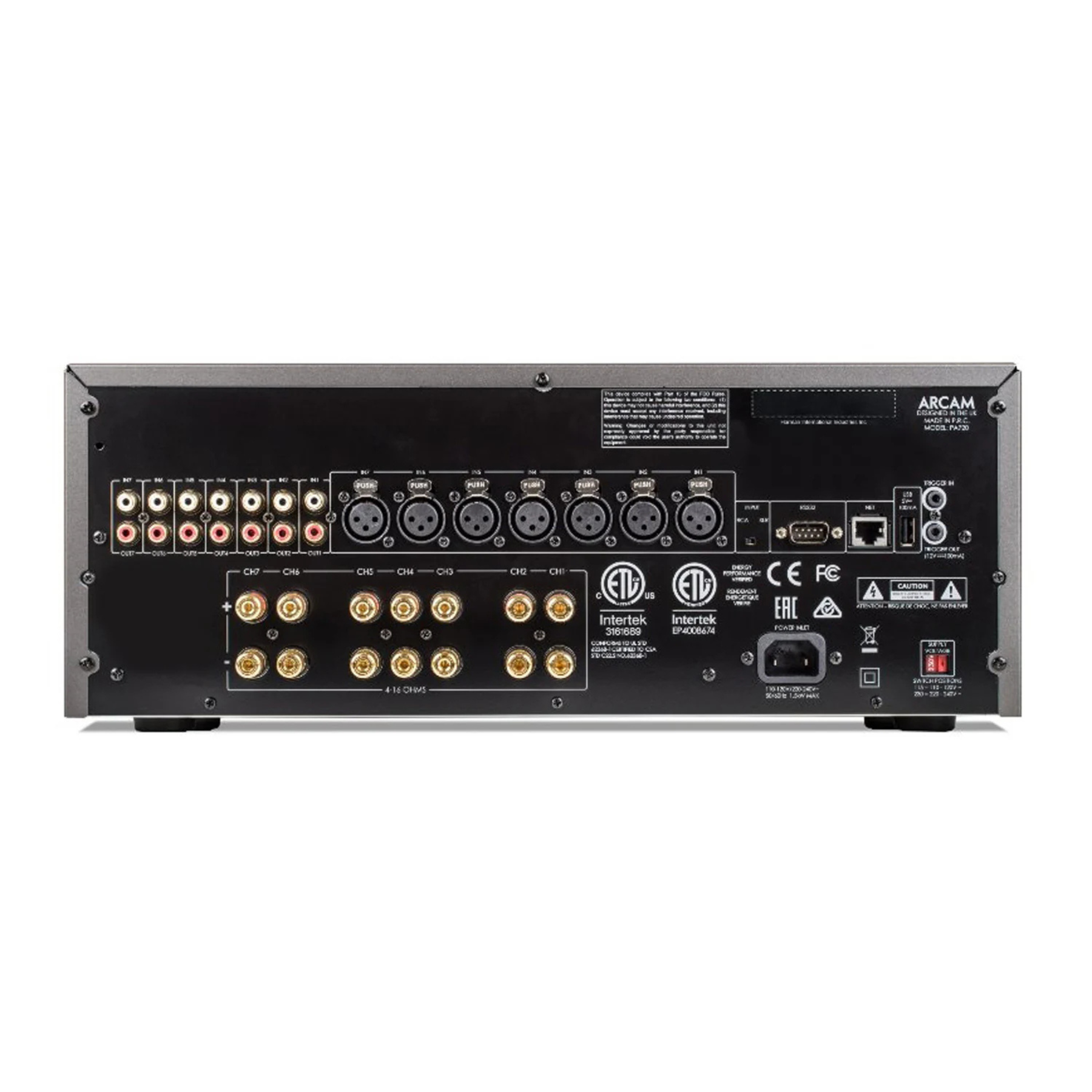Back panel of an Arcam PA720 Power Amplifier with various connectors on a white background