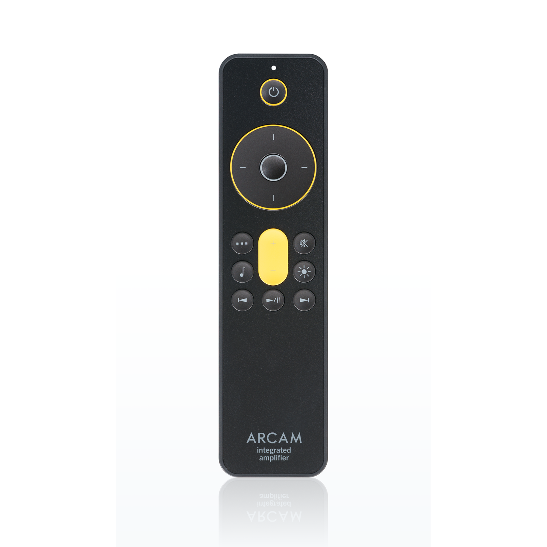 Black and yellow remote control with 'Arcam' branding on a white background