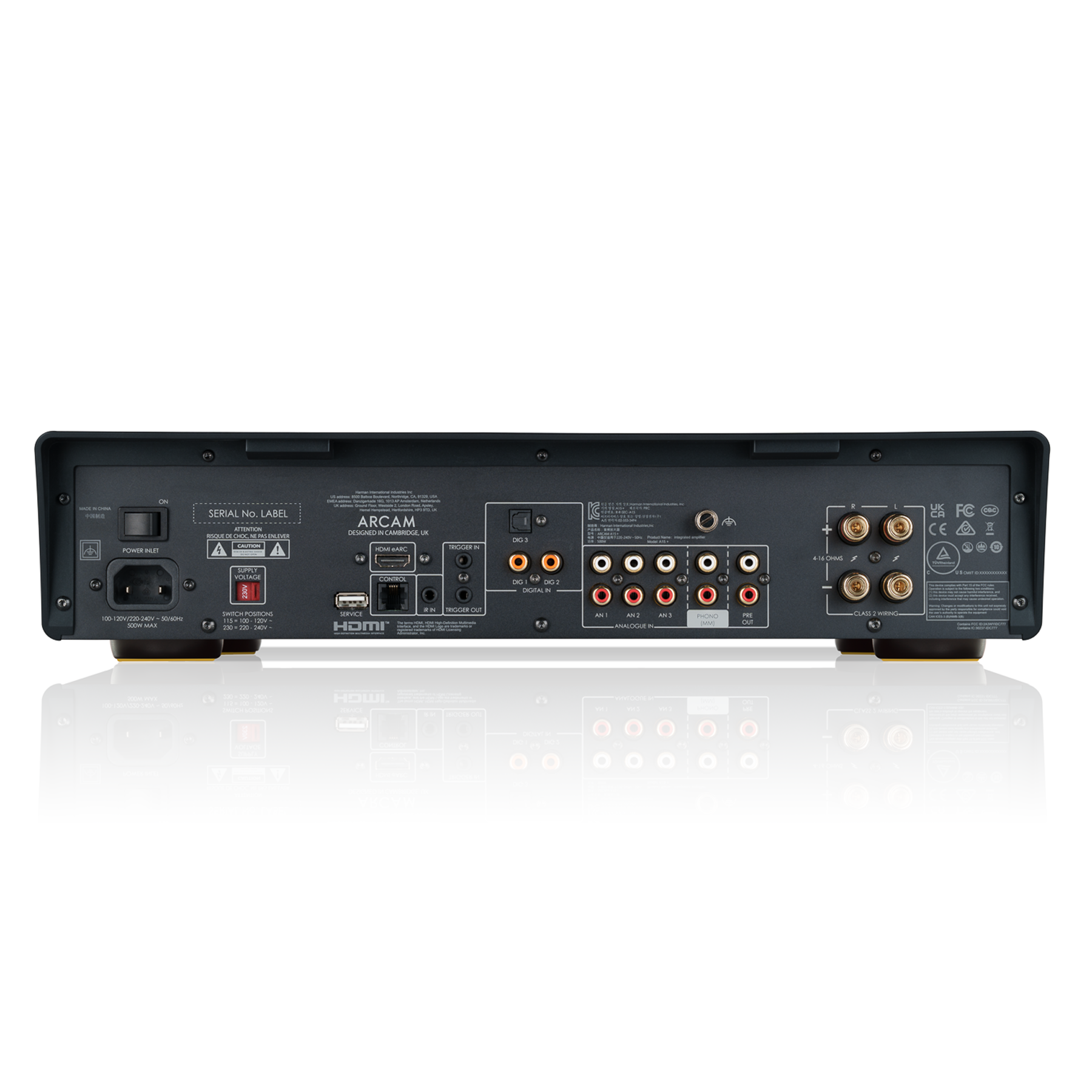 Back view of Arcam A15+ Integrated Amplifier showing connections