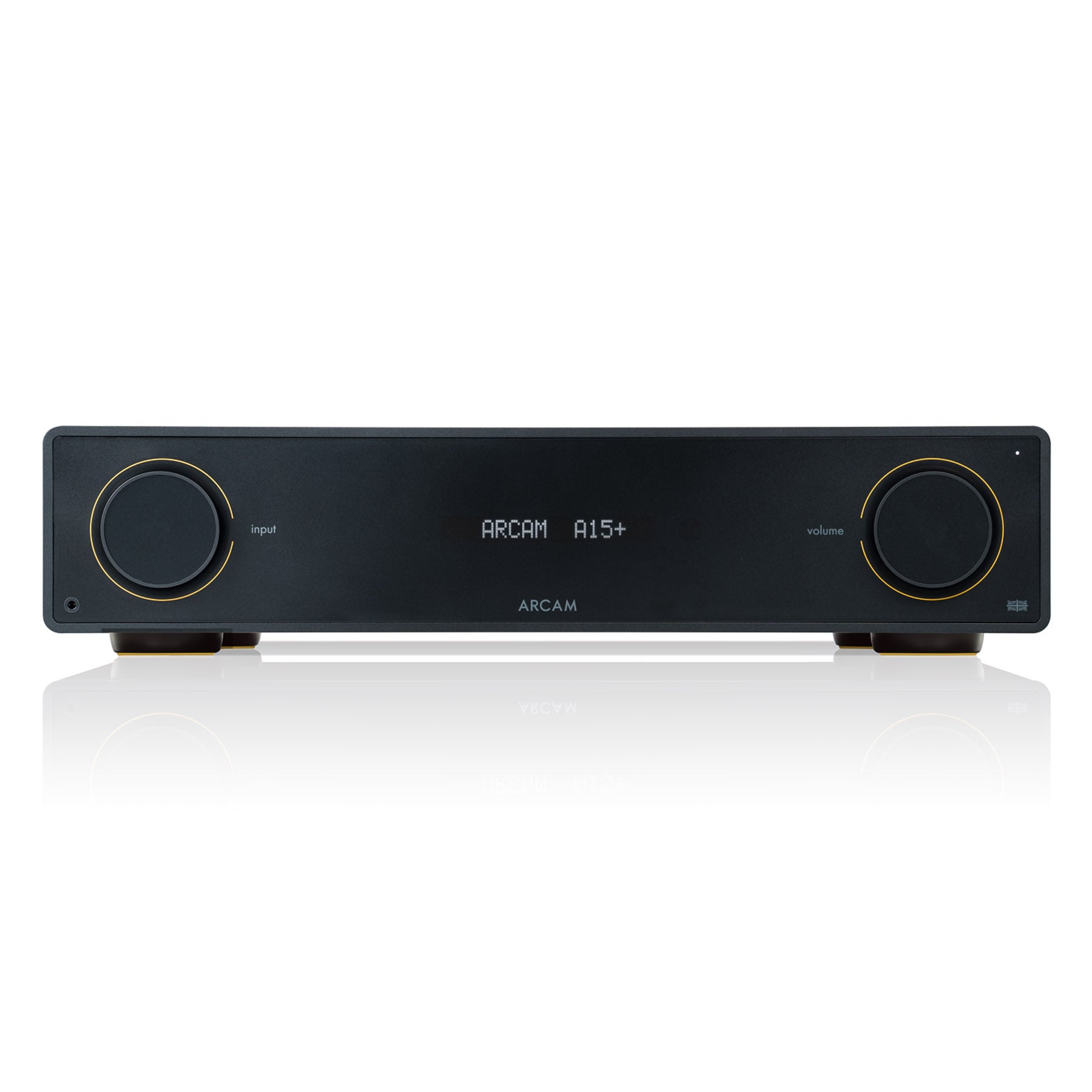 Front view of Arcam A15+ Integrated Amplifier on white background