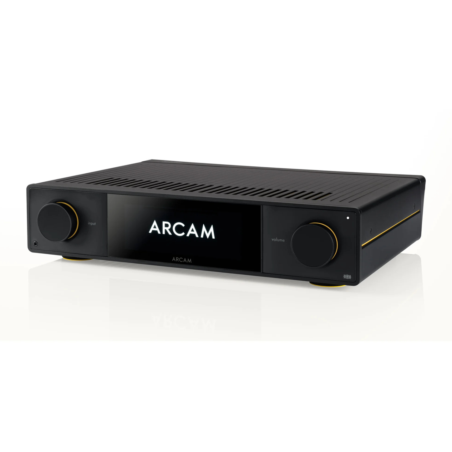 Black audio amplifier with 'Arcam' branding on a white background
