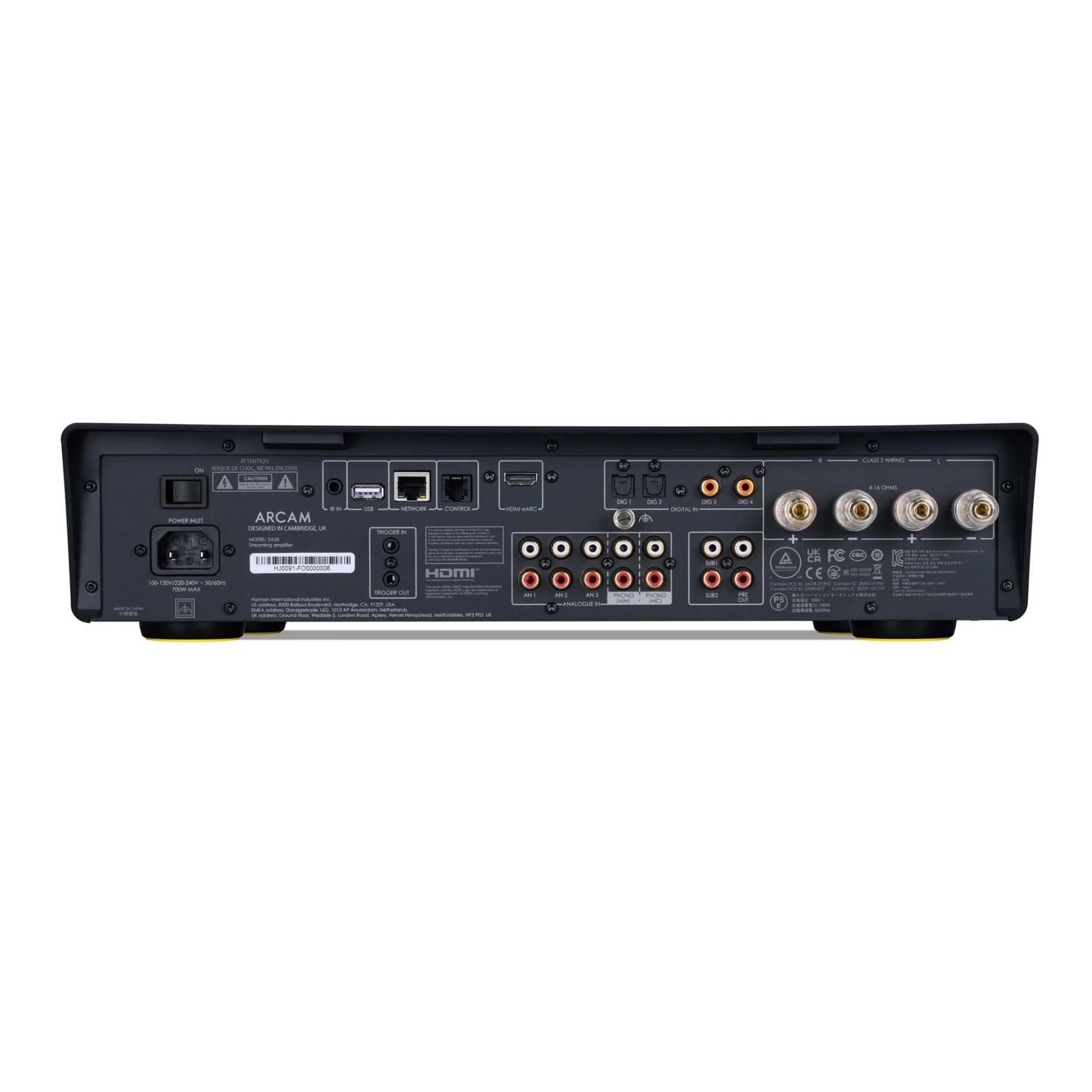 Back view of Arcam SA35 Streaming Integrated Amplifier on white background