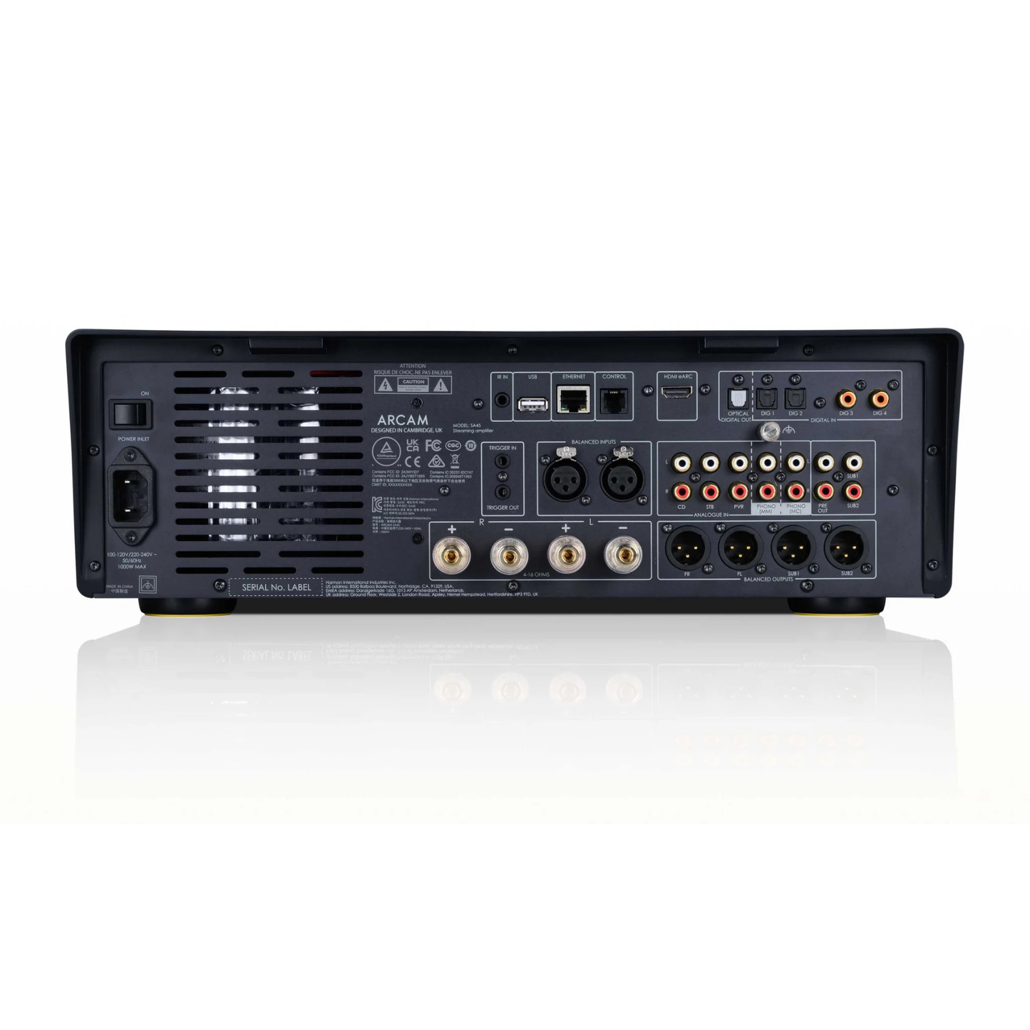 Back view of an audio equipment unit with various connectors on a white background