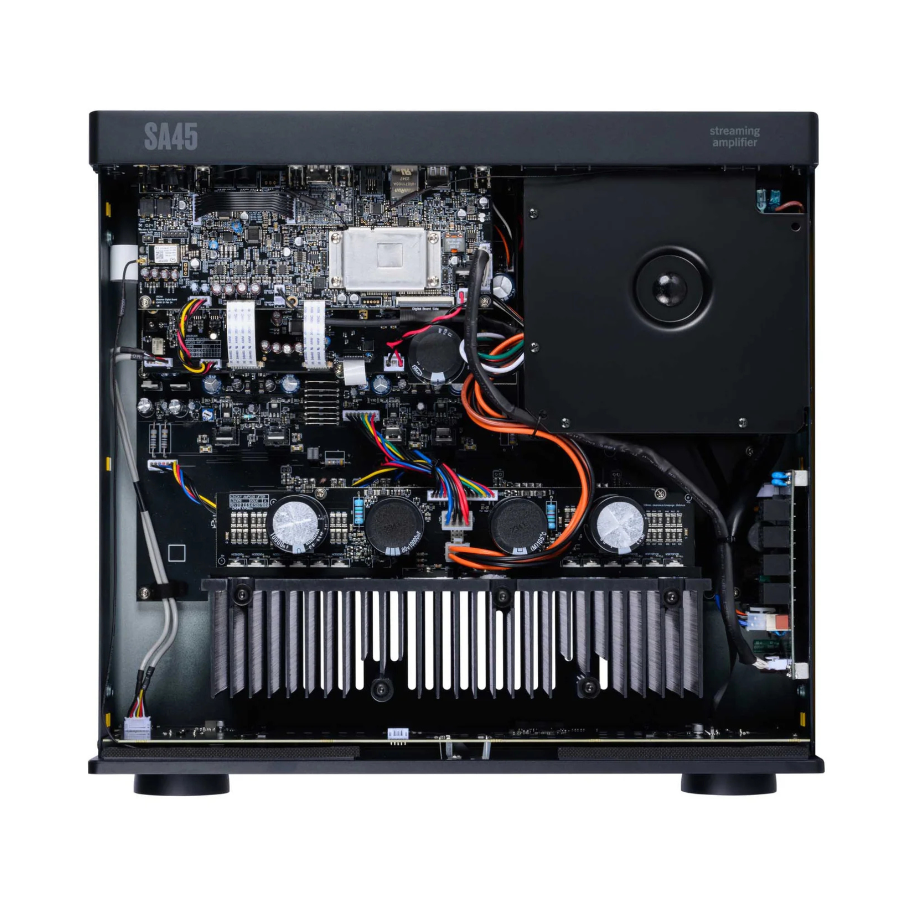 Internal view of Arcam SA45 Streaming Integrated Amplifier on white background