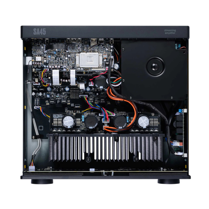 Internal view of Arcam SA45 Streaming Integrated Amplifier on white background