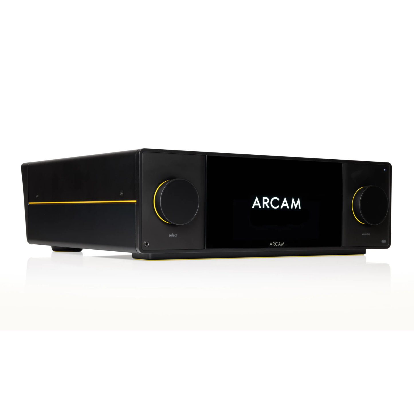 Front angle of Arcam SA45 Streaming Integrated Amplifier on white background with Arcam Logo on display.