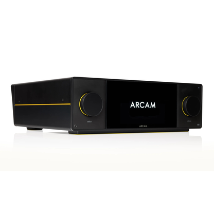 Front angle of Arcam SA45 Streaming Integrated Amplifier on white background with Arcam Logo on display.