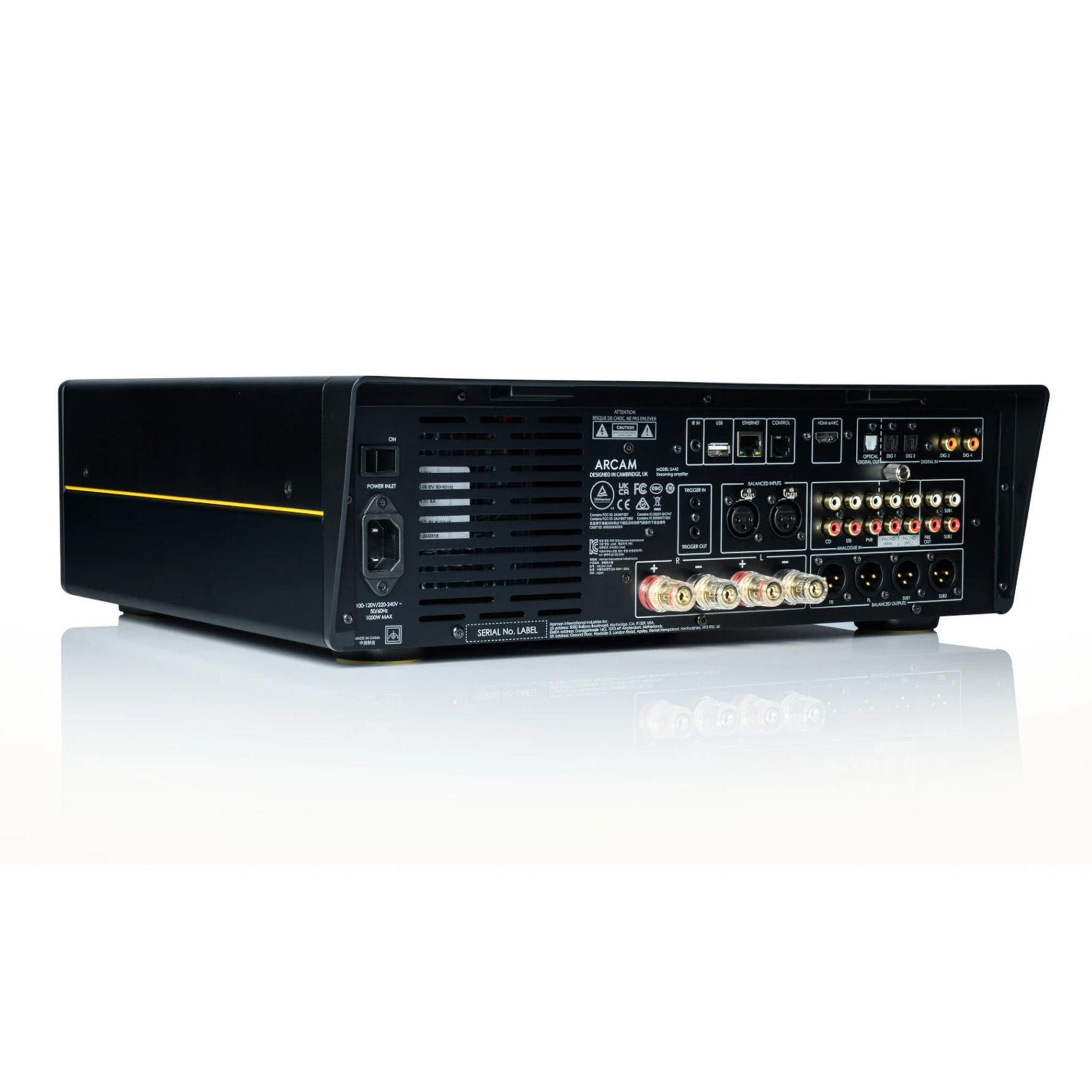 Black audio amplifier with rear connections on a white background
