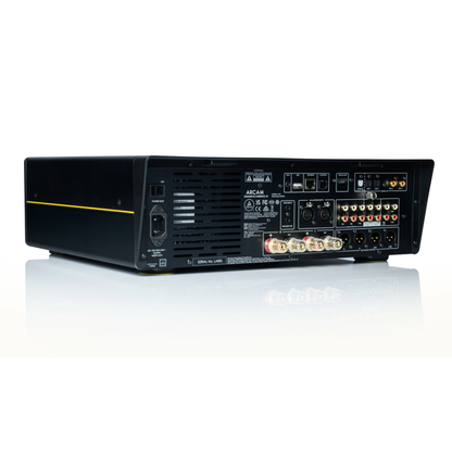 Black audio amplifier with rear connections on a white background