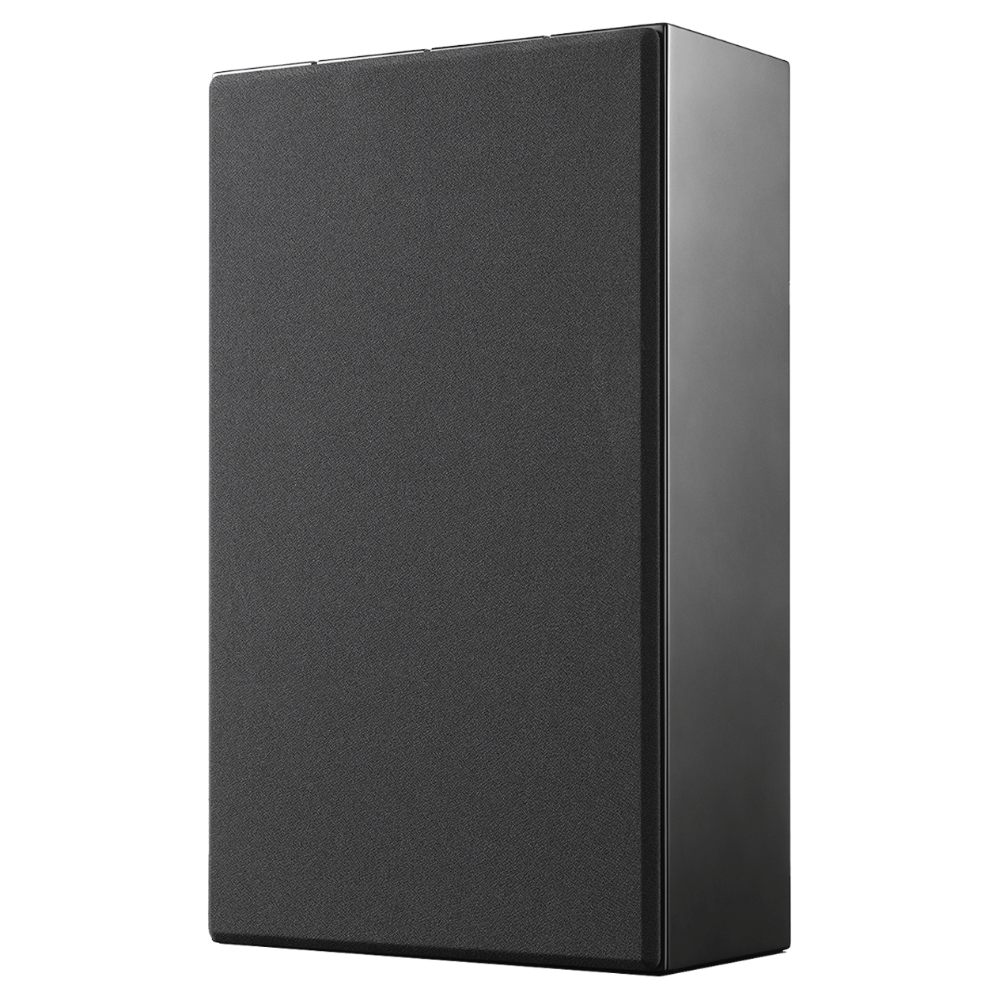 Front angle of black Ascendo The10 Passive On-Wall Speaker with grille on