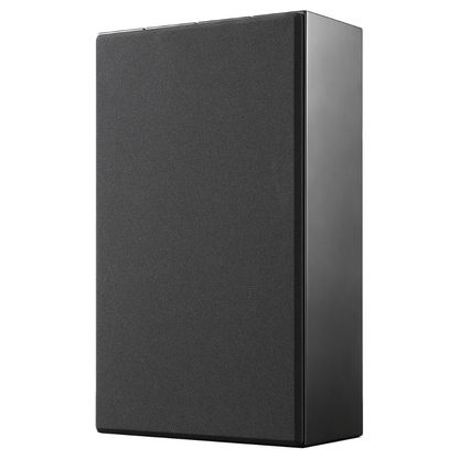 Front angle of black Ascendo The10 Passive On-Wall Speaker with grille on