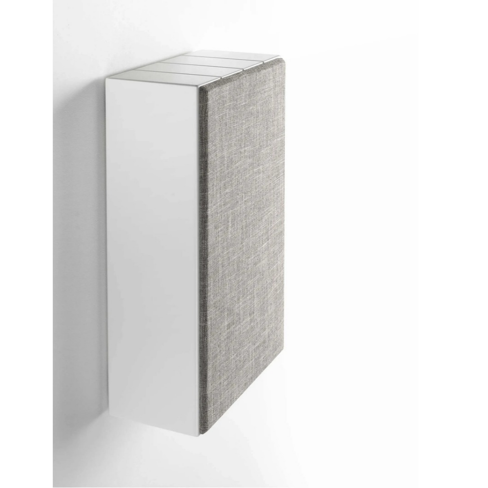 Side view of white Ascendo The10 Passive On-Wall Speaker with grille on