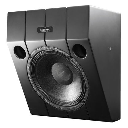 Front view of black Ascendo The10 Passive Wedge 30 Speaker on a white background