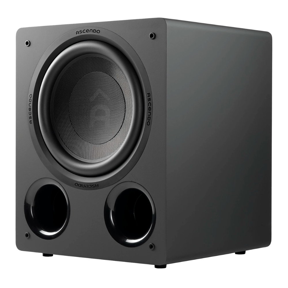 A black Ascendo subwoofer speaker with a large front driver and two port holes, shown on a plain white background.
