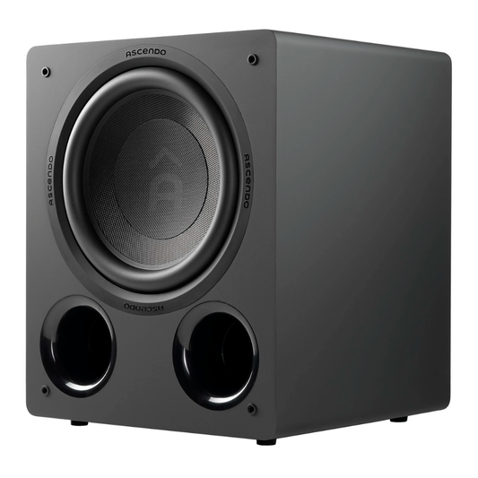 A black Ascendo subwoofer speaker with a large front driver and two port holes, shown on a plain white background.