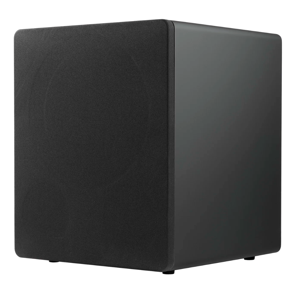 Angle view of Ascendo The12 Sub Active Vented Subwoofer with grille on