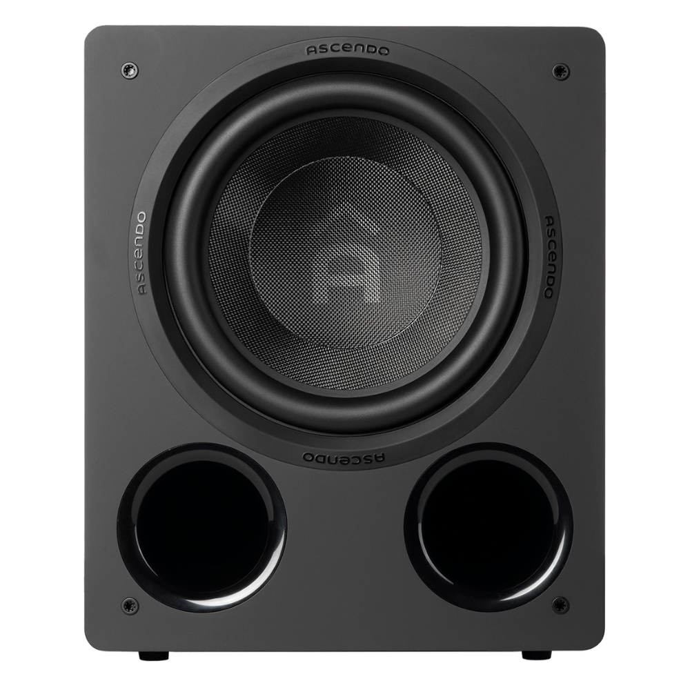 Front view of black Ascendo The12 Sub Active Vented Subwoofer