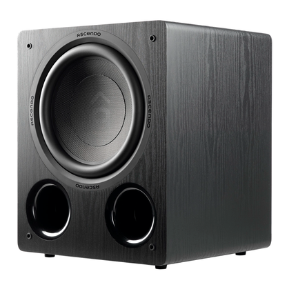 Angle view of Ascendo The12 Sub Active Vented Subwoofer in black ash