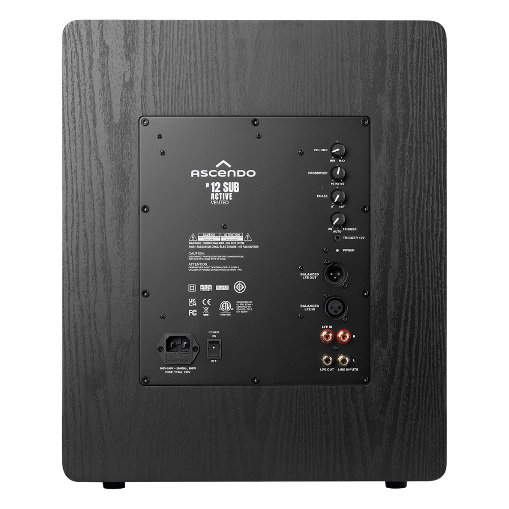 Rear view of Ascendo The12 Sub Active Vented Subwoofer in black ash