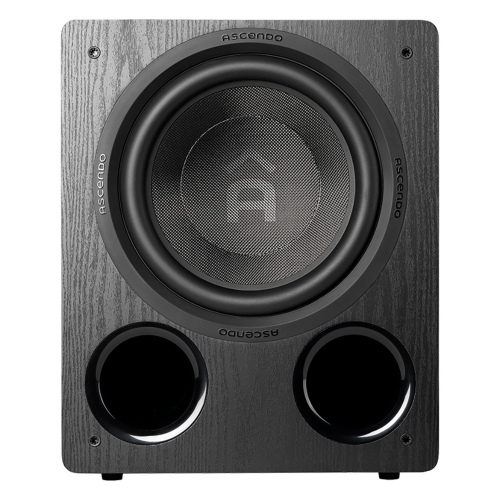 Front view of Ascendo The12 Sub Active Vented Subwoofer in black ash