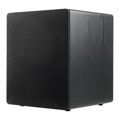 Angle view of Ascendo The12 Sub Active Vented Subwoofer in black ash with grille on