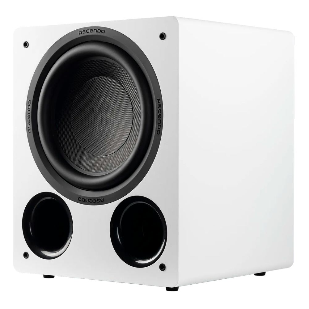 Angle view of white Ascendo The12 Sub Active Vented Subwoofer