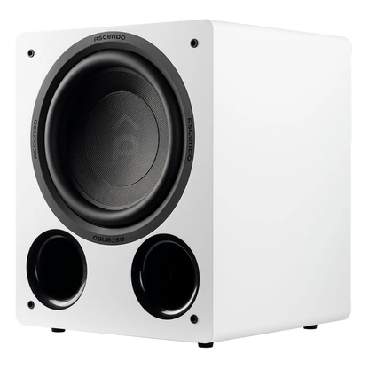 Angle view of white Ascendo The12 Sub Active Vented Subwoofer