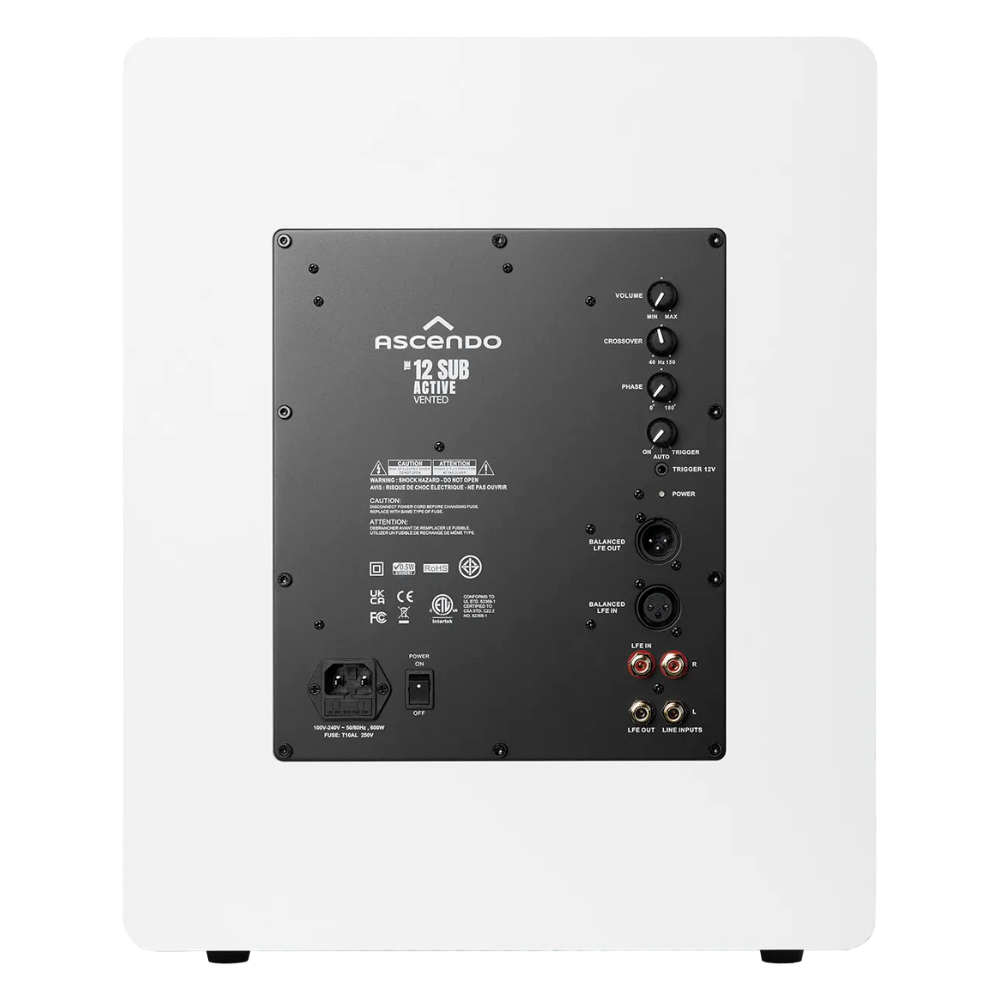 The back panel of a white Ascendo The12 Sub Active Vented Subwoofer