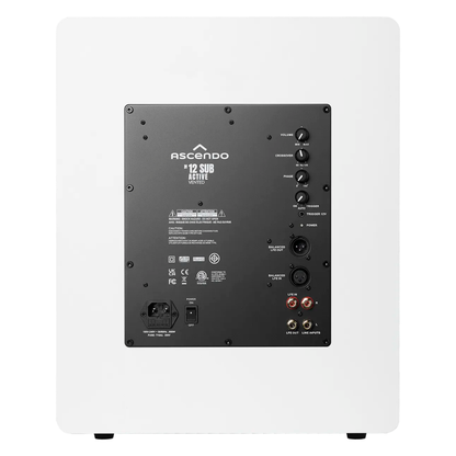 The back panel of a white Ascendo The12 Sub Active Vented Subwoofer