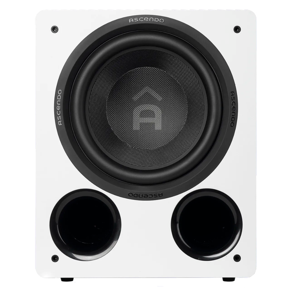 Front view of white Ascendo The12 Sub Active Vented Subwoofer