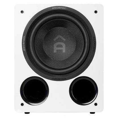 Front view of white Ascendo The12 Sub Active Vented Subwoofer