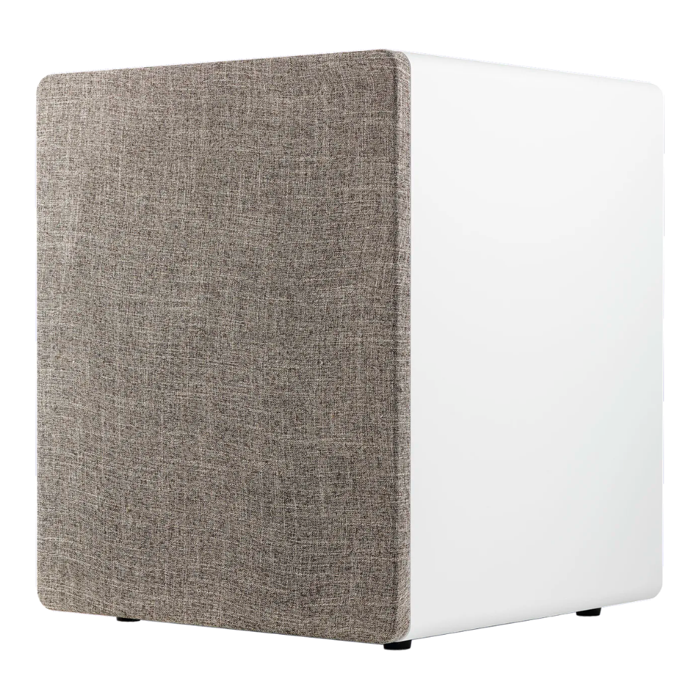 Angle view of white Ascendo The12 Sub Active Vented Subwoofer with grille on
