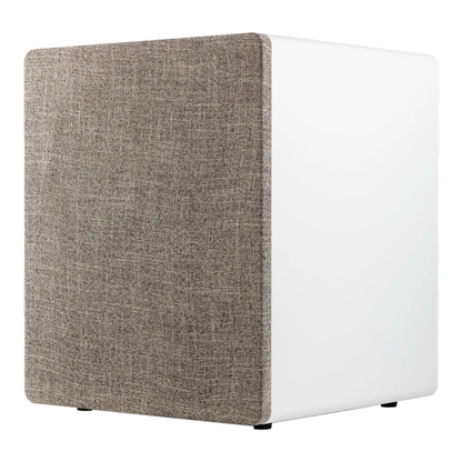 Angle view of white Ascendo The12 Sub Active Vented Subwoofer with grille on