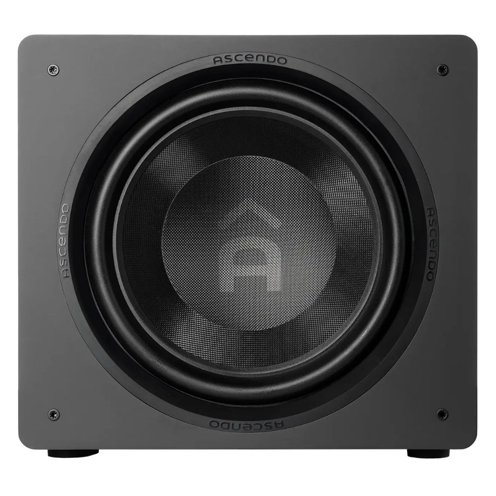 Front view of black Ascendo The16 Sub Active Sealed Subwoofer