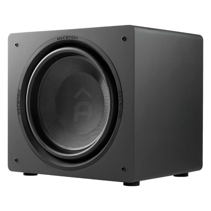Front angle view of Ascendo The16 Sub Active Sealed Subwoofer in black finish